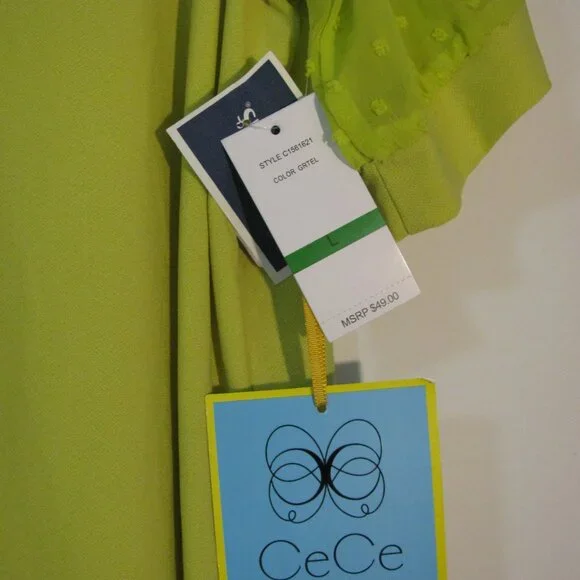 * Cece Neon Green Blouse NWT $49 Large Semi Sheer Sleeves Dotted Swiss - Picture 4 of 4